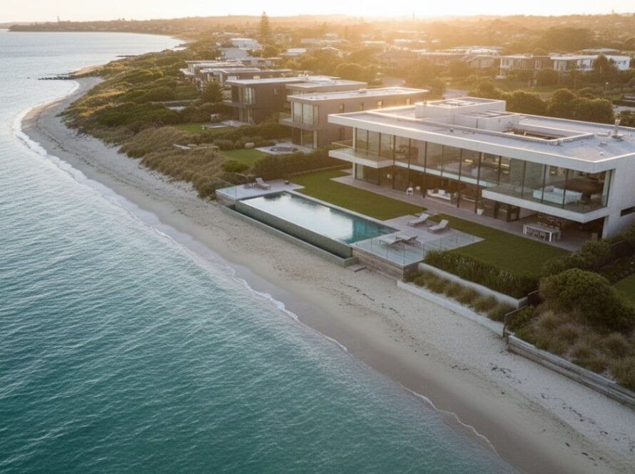 An aerial, golden hour shot showcasing a luxury Blairgowrie beachfront property with its infinity pool overlooking the turquoise ocean and sandy beach, highlighting expert Blairgowrie beachfront property photography Victoria.