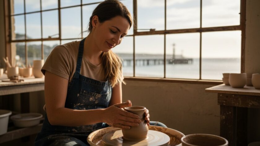 An evocative shot for Blairgowrie business branding photography that tells your story, featuring a local artisan passionately crafting pottery with the soft morning light illuminating her workspace near Blairgowrie pier, capturing authenticity and dedication.