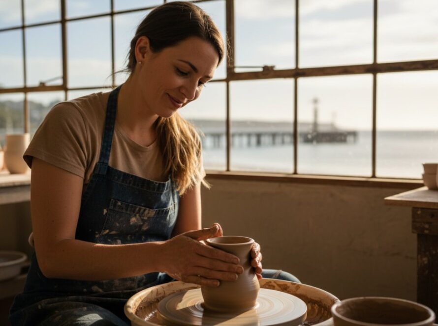 An evocative shot for Blairgowrie business branding photography that tells your story, featuring a local artisan passionately crafting pottery with the soft morning light illuminating her workspace near Blairgowrie pier, capturing authenticity and dedication.