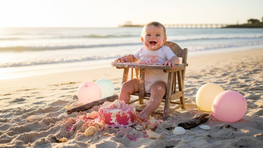 An epic, joy-filled photograph of a one-year-old child covered in cake, laughing amidst the soft morning light on the Blairgowrie coastline, capturing the pure magic of a Blairgowrie Cake Smash Photographer for First Birthday Fun.