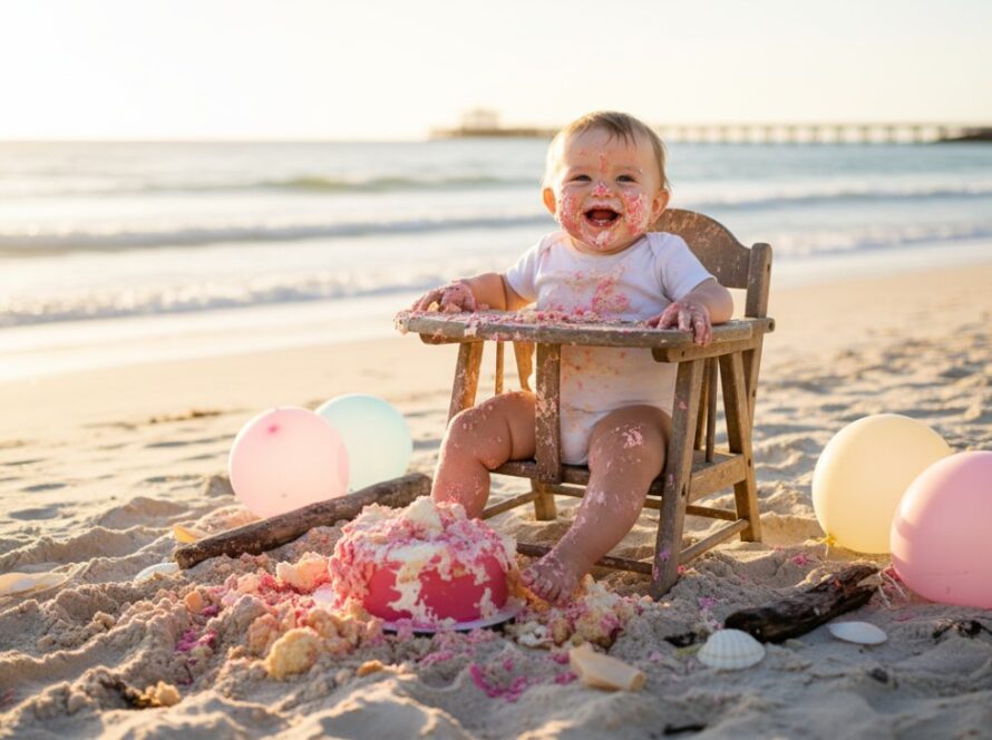 An epic, joy-filled photograph of a one-year-old child covered in cake, laughing amidst the soft morning light on the Blairgowrie coastline, capturing the pure magic of a Blairgowrie Cake Smash Photographer for First Birthday Fun.
