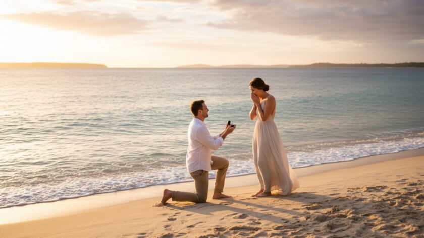 An 'epic moment' photograph by a Blairgowrie Coastal Event Photographer, capturing a joyous wedding proposal at sunset on the Blairgowrie foreshore, with dramatic golden light and ocean views.