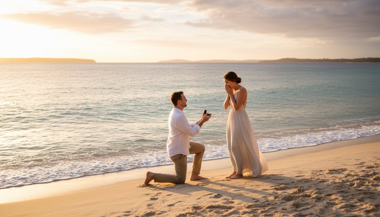 An 'epic moment' photograph by a Blairgowrie Coastal Event Photographer, capturing a joyous wedding proposal at sunset on the Blairgowrie foreshore, with dramatic golden light and ocean views.