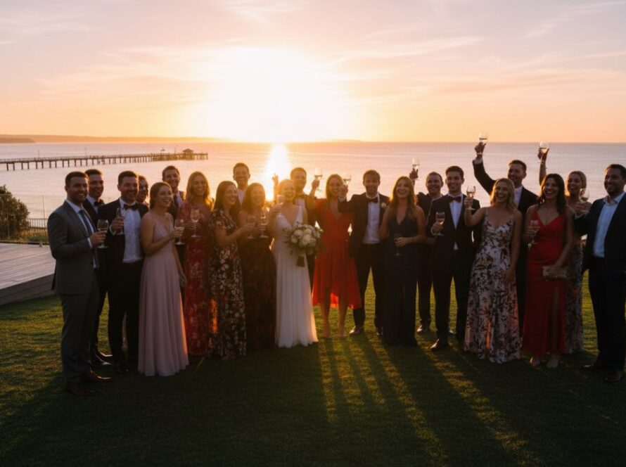 An epic moment of joyful celebration captured through Blairgowrie Event Editorial Photography Visual Storytelling, featuring guests laughing and clinking glasses at a beachfront event in Blairgowrie with golden hour light.