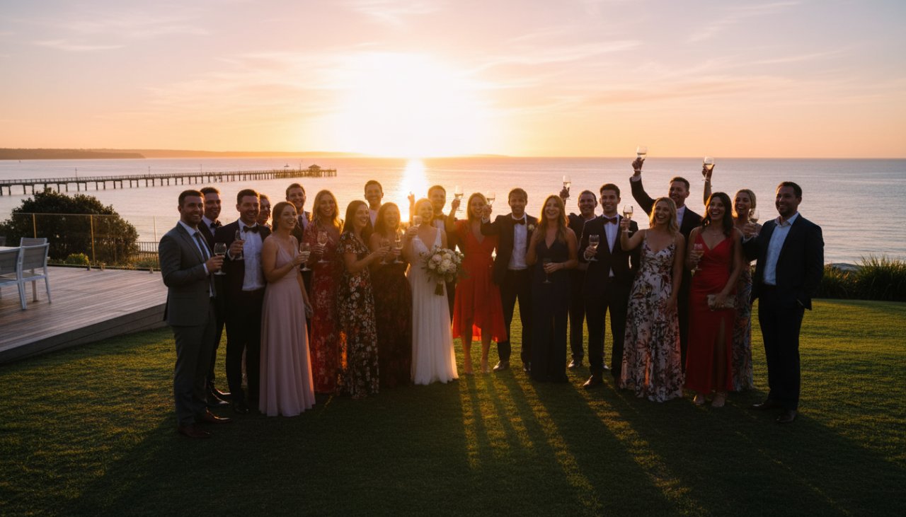 An epic moment of joyful celebration captured through Blairgowrie Event Editorial Photography Visual Storytelling, featuring guests laughing and clinking glasses at a beachfront event in Blairgowrie with golden hour light.