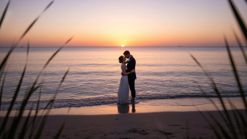 An emotionally charged, wide-angle cinematic shot of a couple embracing on the Blairgowrie foreshore at sunset, silhouetted against a vibrant orange and purple sky, with the gentle waves lapping at their feet, capturing a serene Blairgowrie foreshore engagement photography moment.