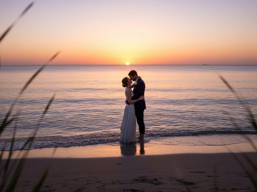 An emotionally charged, wide-angle cinematic shot of a couple embracing on the Blairgowrie foreshore at sunset, silhouetted against a vibrant orange and purple sky, with the gentle waves lapping at their feet, capturing a serene Blairgowrie foreshore engagement photography moment.