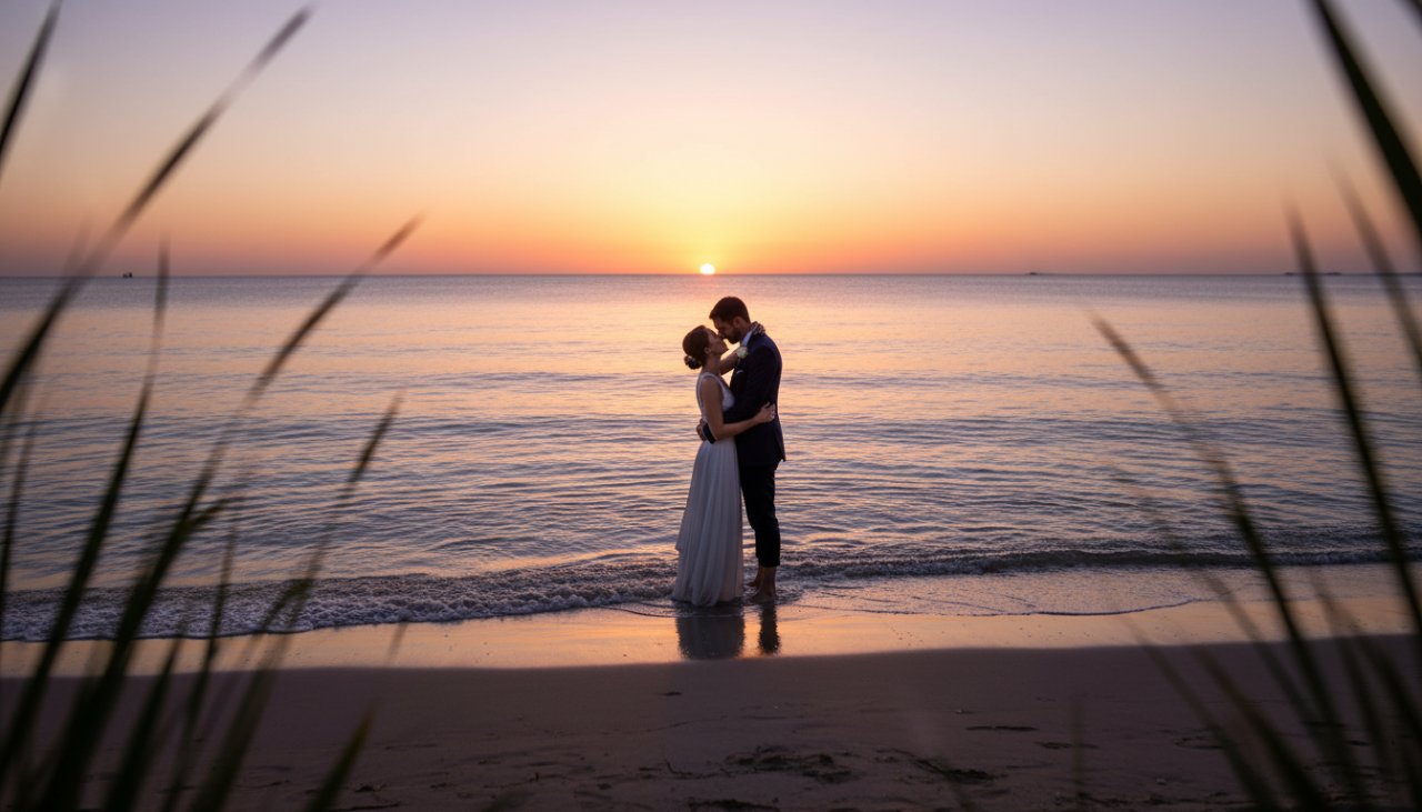 An emotionally charged, wide-angle cinematic shot of a couple embracing on the Blairgowrie foreshore at sunset, silhouetted against a vibrant orange and purple sky, with the gentle waves lapping at their feet, capturing a serene Blairgowrie foreshore engagement photography moment.