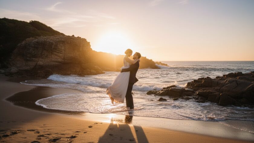 A newlywed couple shares a tender, genuine laugh on the sandy Blairgowrie foreshore at sunset, silhouetted against the golden hour glow, capturing candid moments of pure joy after their wedding ceremony.