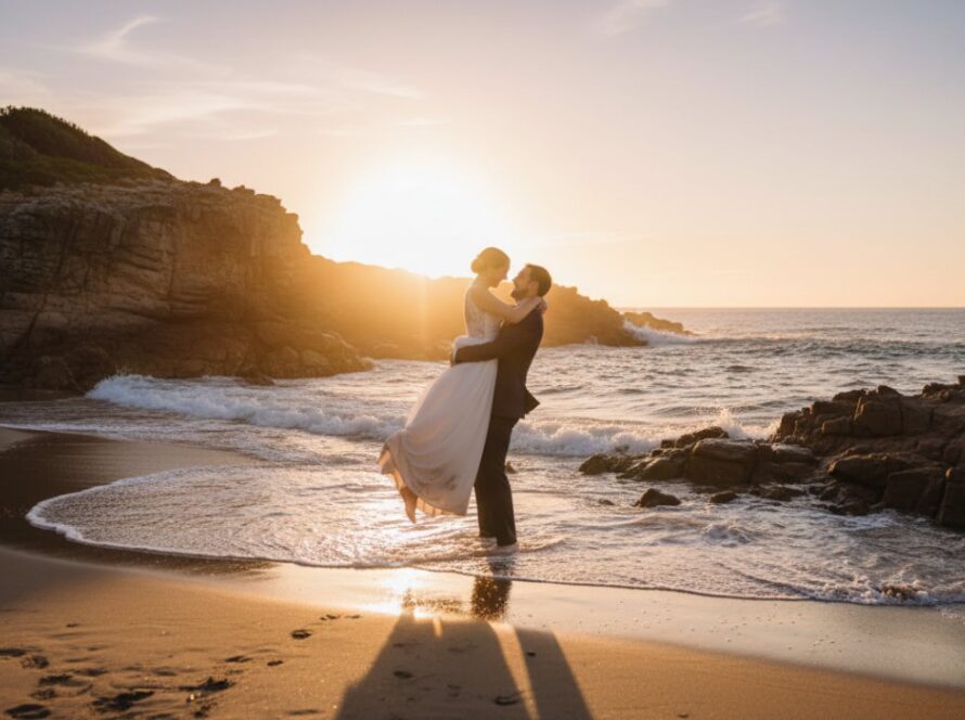 A newlywed couple shares a tender, genuine laugh on the sandy Blairgowrie foreshore at sunset, silhouetted against the golden hour glow, capturing candid moments of pure joy after their wedding ceremony.