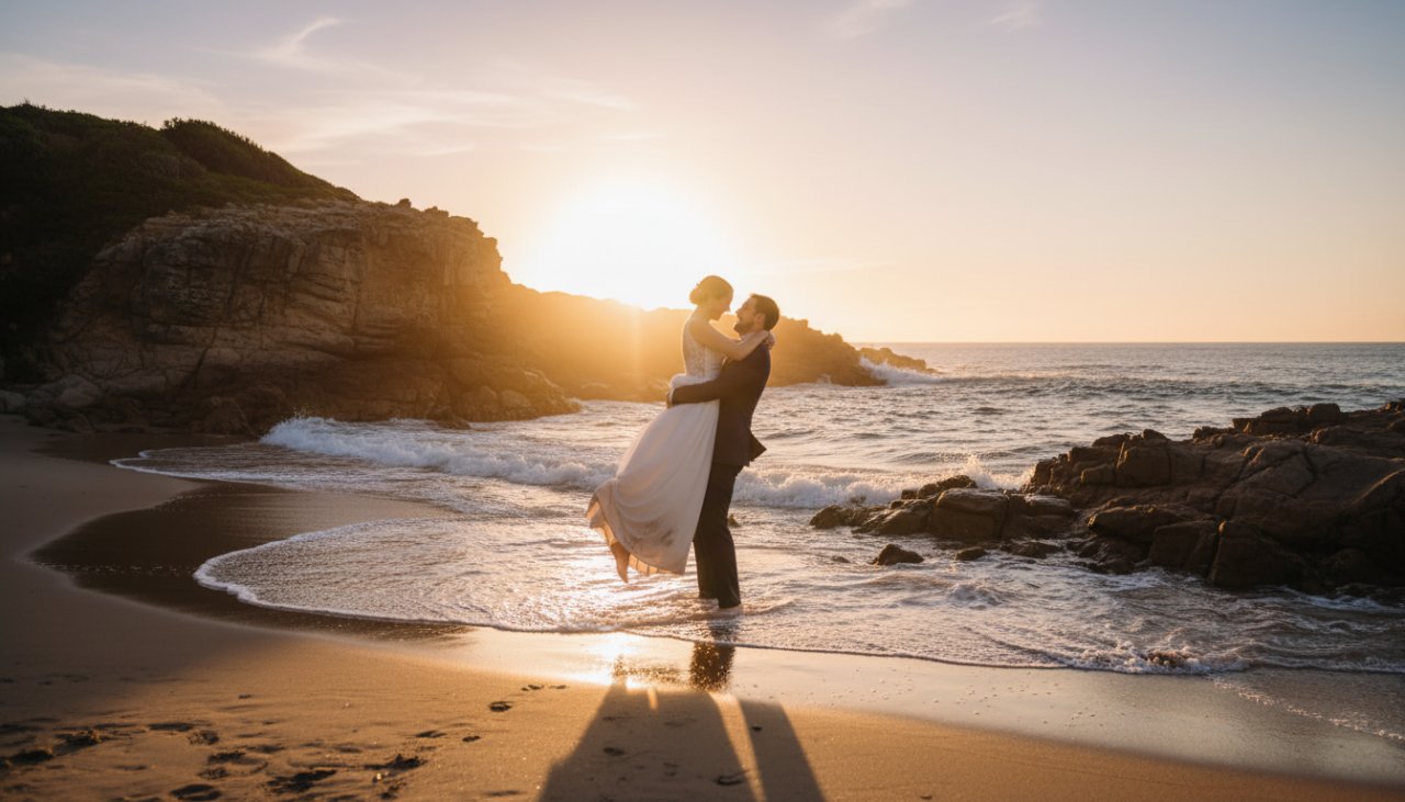 A newlywed couple shares a tender, genuine laugh on the sandy Blairgowrie foreshore at sunset, silhouetted against the golden hour glow, capturing candid moments of pure joy after their wedding ceremony.