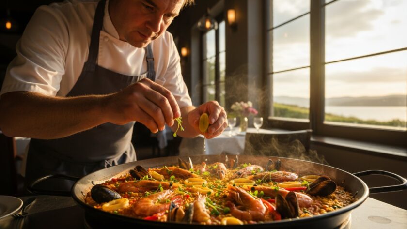 Epic moment capture of a chef presenting a beautifully styled fresh seafood platter against the vibrant backdrop of a Blairgowrie gourmet coastal cuisine photography shoot, sunlight glinting off the dish, evoking a sense of culinary excellence by the sea.