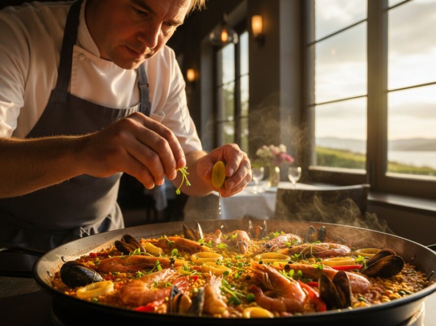 Epic moment capture of a chef presenting a beautifully styled fresh seafood platter against the vibrant backdrop of a Blairgowrie gourmet coastal cuisine photography shoot, sunlight glinting off the dish, evoking a sense of culinary excellence by the sea.