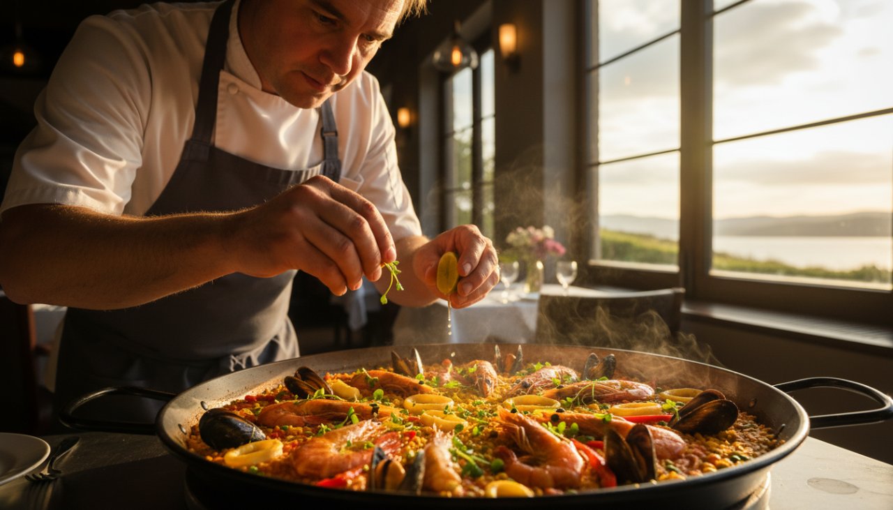 Epic moment capture of a chef presenting a beautifully styled fresh seafood platter against the vibrant backdrop of a Blairgowrie gourmet coastal cuisine photography shoot, sunlight glinting off the dish, evoking a sense of culinary excellence by the sea.