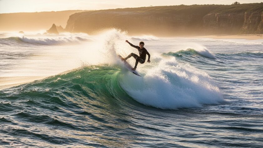 Dynamic action shot of a young surfer catching a powerful wave during Blairgowrie junior surfing action photography, with spray flying and a dramatic sky at sunset.