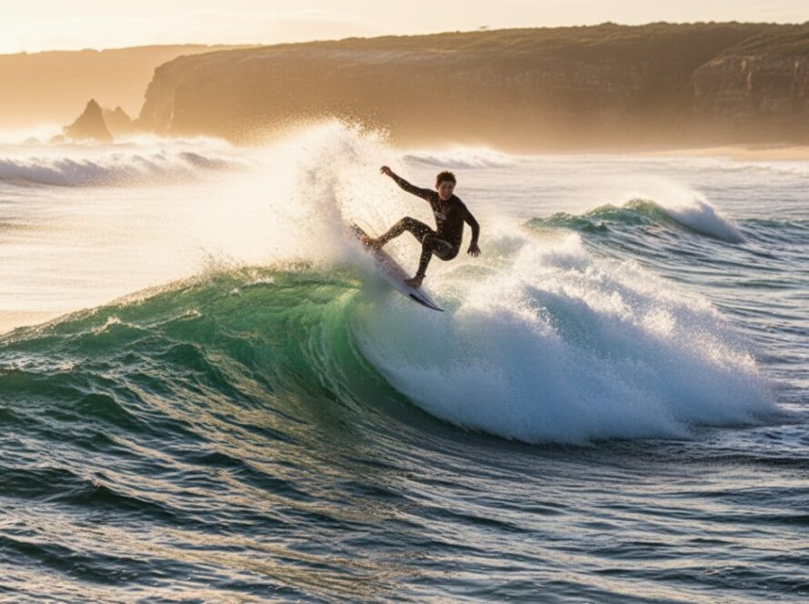 Dynamic action shot of a young surfer catching a powerful wave during Blairgowrie junior surfing action photography, with spray flying and a dramatic sky at sunset.