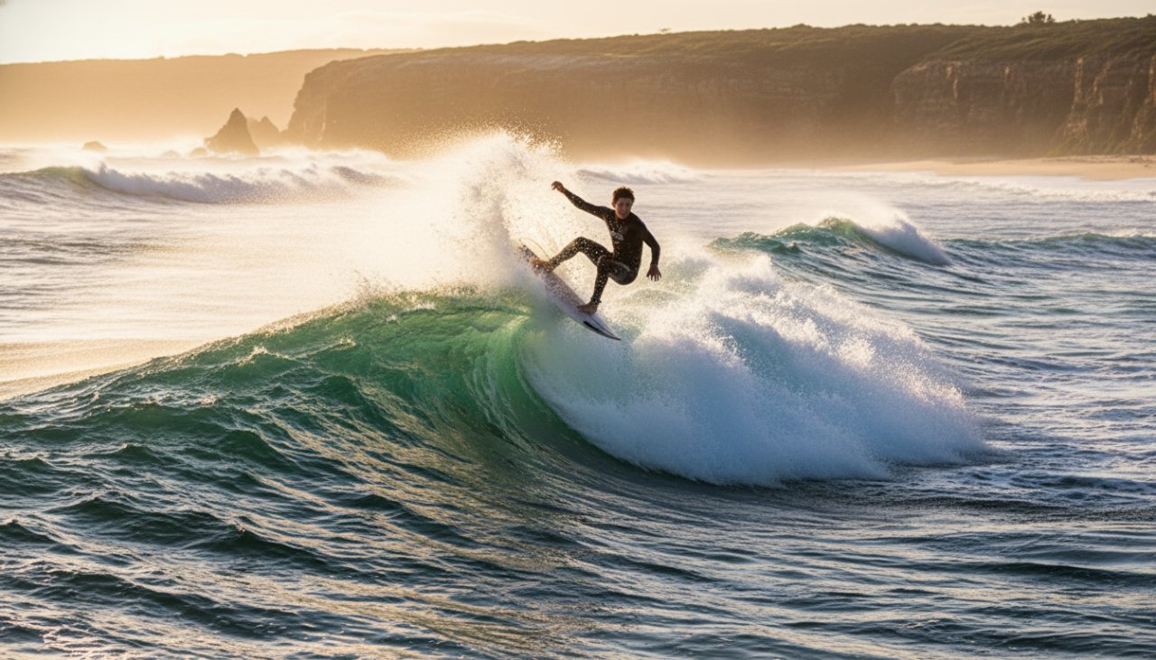 Dynamic action shot of a young surfer catching a powerful wave during Blairgowrie junior surfing action photography, with spray flying and a dramatic sky at sunset.