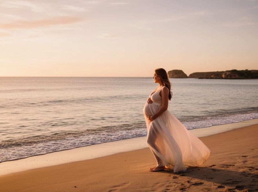 A pregnant woman, glowing and serene, stands silhouetted against a dramatic sunset on a secluded Blairgowrie beach, capturing Blairgowrie maternity photography stunning beach sessions with epic beauty.