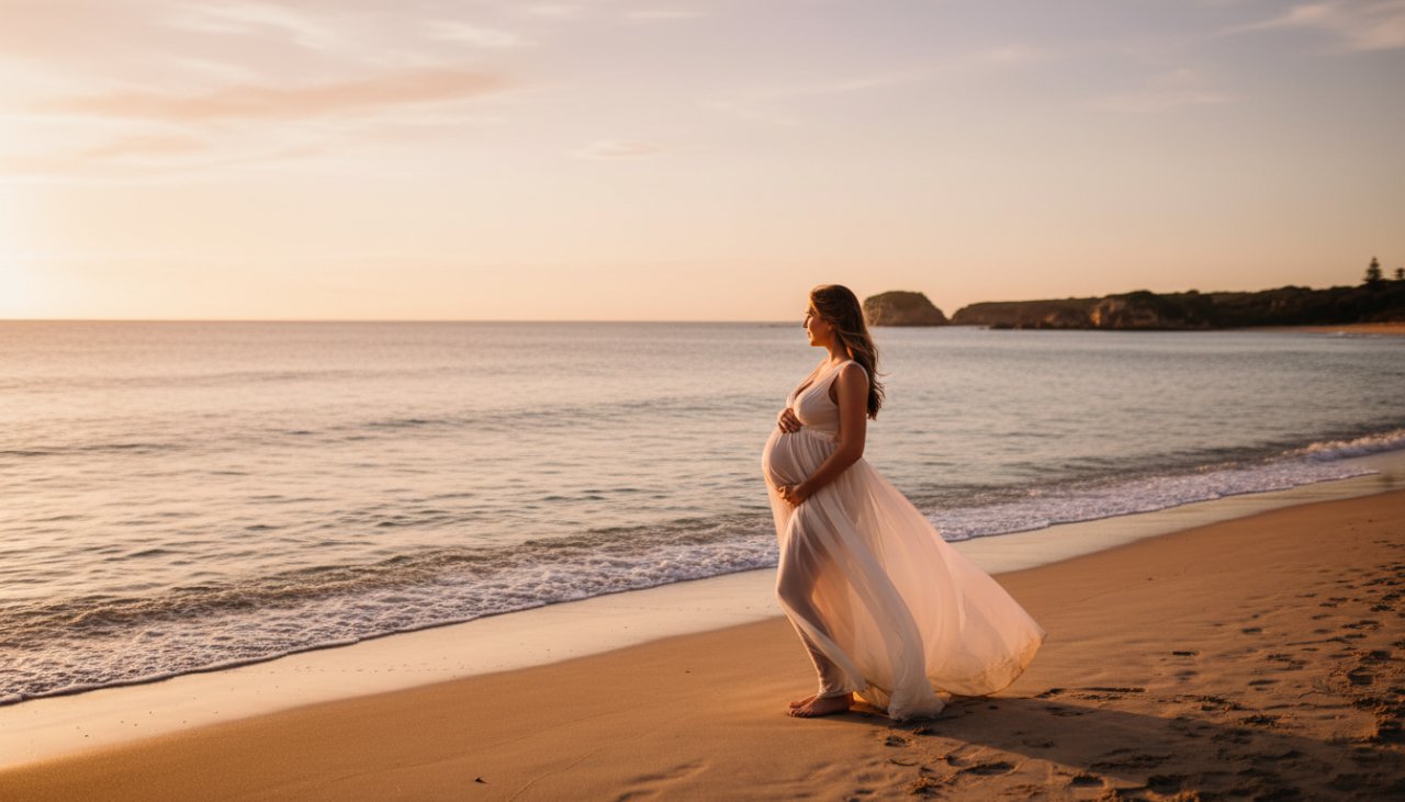 A pregnant woman, glowing and serene, stands silhouetted against a dramatic sunset on a secluded Blairgowrie beach, capturing Blairgowrie maternity photography stunning beach sessions with epic beauty.
