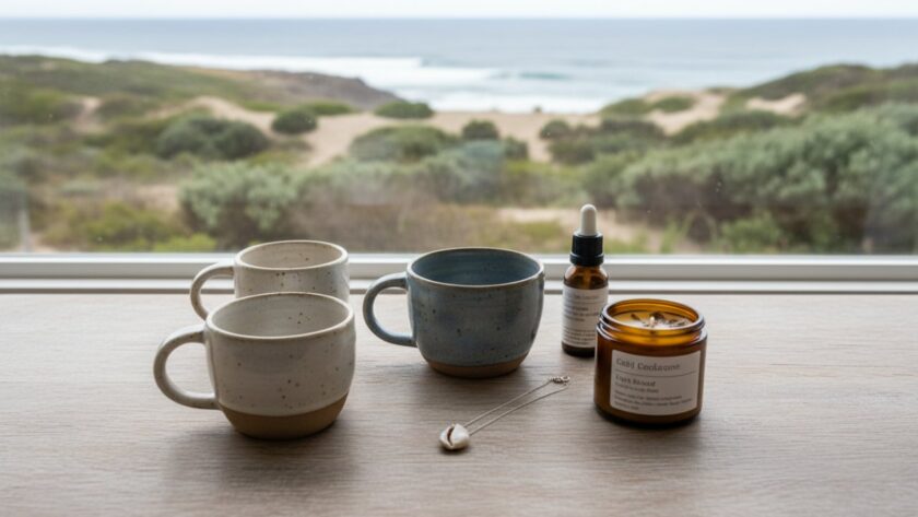 A beautifully composed flat lay showcasing artisanal products, like handcrafted jewellery and ceramics, bathed in soft, natural light, with a subtle backdrop hinting at the rugged coastal beauty of Blairgowrie, perfect for Blairgowrie product photography for local artisans.