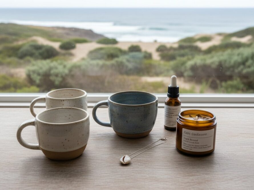 A beautifully composed flat lay showcasing artisanal products, like handcrafted jewellery and ceramics, bathed in soft, natural light, with a subtle backdrop hinting at the rugged coastal beauty of Blairgowrie, perfect for Blairgowrie product photography for local artisans.