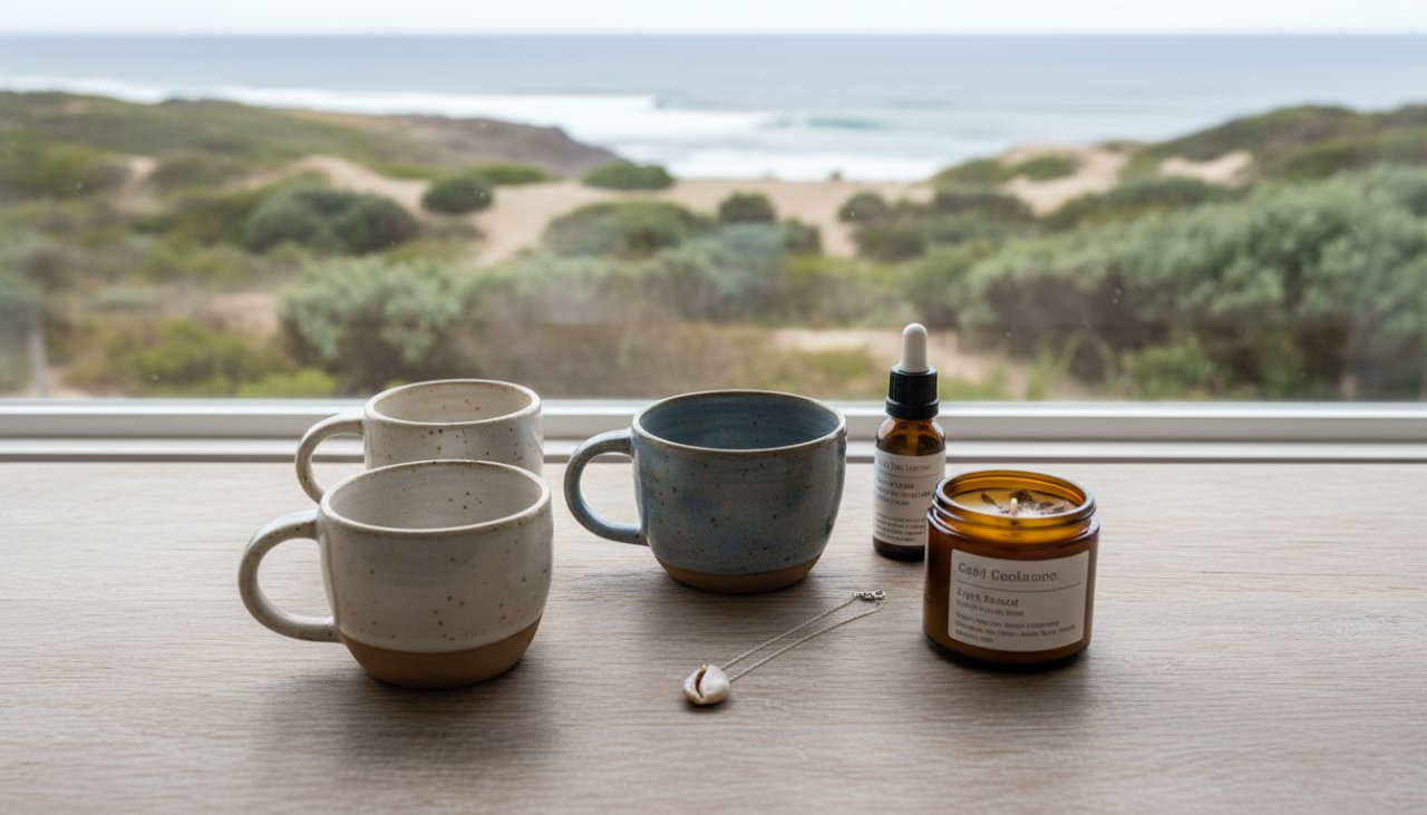 A beautifully composed flat lay showcasing artisanal products, like handcrafted jewellery and ceramics, bathed in soft, natural light, with a subtle backdrop hinting at the rugged coastal beauty of Blairgowrie, perfect for Blairgowrie product photography for local artisans.
