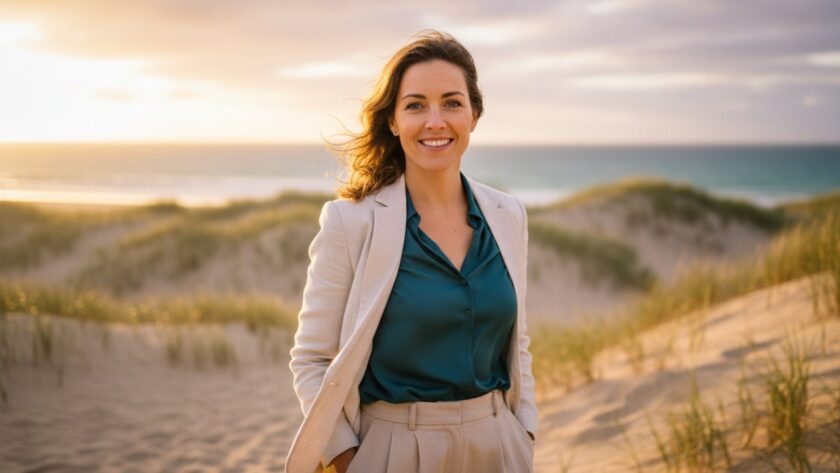 A confident female professional in a sophisticated blazer smiles genuinely, looking directly at the camera, with the soft, natural light of a Blairgowrie beach setting filtering through the background, showcasing expert Blairgowrie professional headshots for authentic career branding.