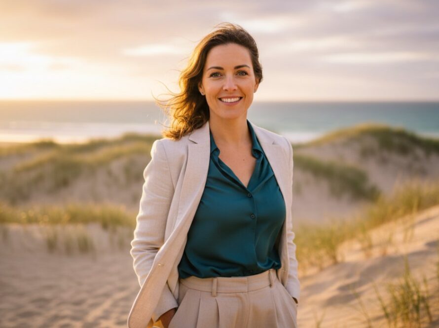 A confident female professional in a sophisticated blazer smiles genuinely, looking directly at the camera, with the soft, natural light of a Blairgowrie beach setting filtering through the background, showcasing expert Blairgowrie professional headshots for authentic career branding.