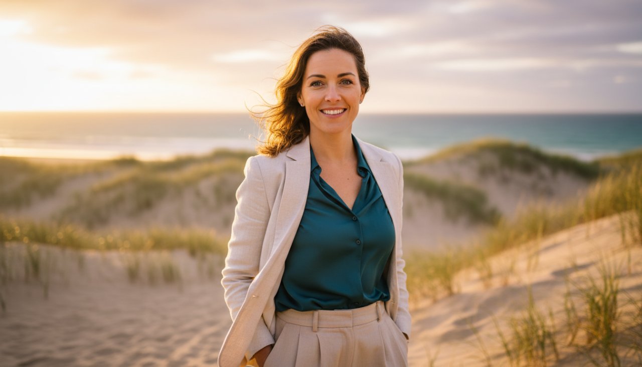 A confident female professional in a sophisticated blazer smiles genuinely, looking directly at the camera, with the soft, natural light of a Blairgowrie beach setting filtering through the background, showcasing expert Blairgowrie professional headshots for authentic career branding.