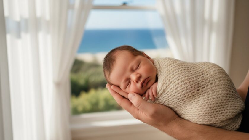 A tender moment captured in Blairgowrie relaxed newborn photography Mornington Peninsula: a sleeping newborn nestled securely in a parent's loving arms, bathed in soft, ethereal morning light filtering through sheer curtains in a coastal-inspired home.