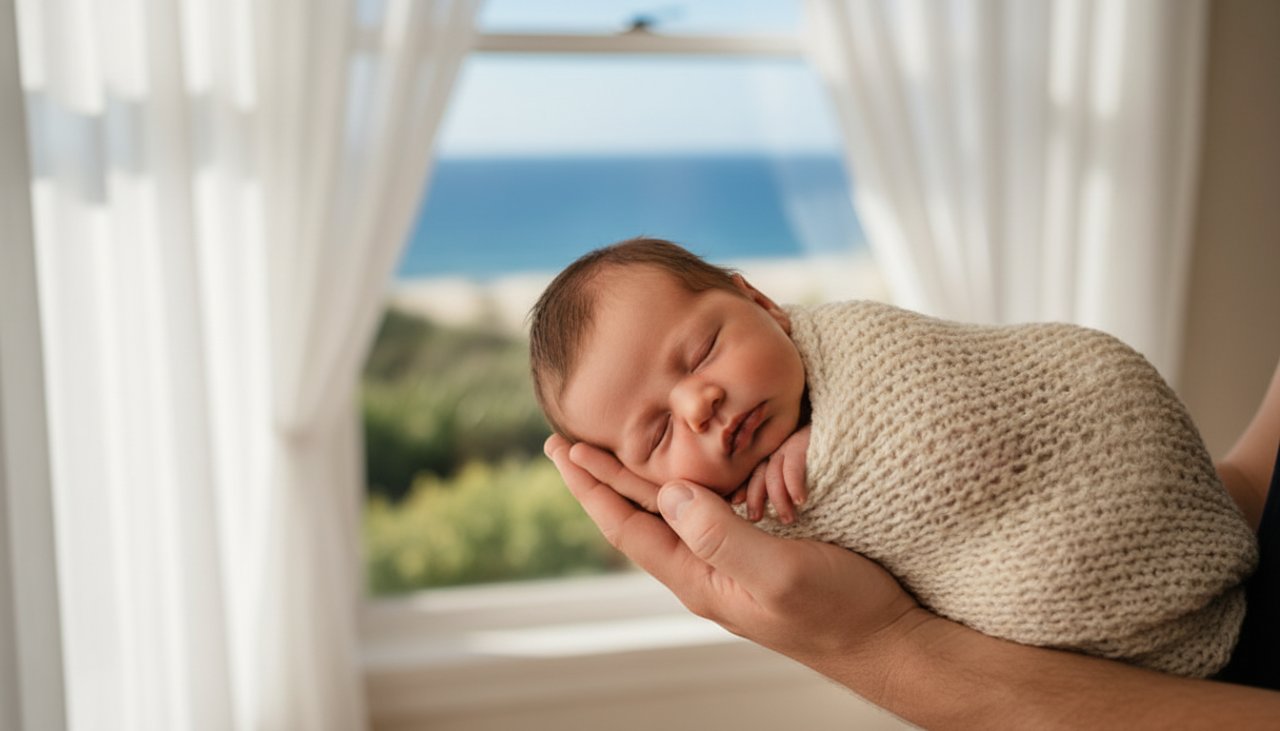 A tender moment captured in Blairgowrie relaxed newborn photography Mornington Peninsula: a sleeping newborn nestled securely in a parent's loving arms, bathed in soft, ethereal morning light filtering through sheer curtains in a coastal-inspired home.