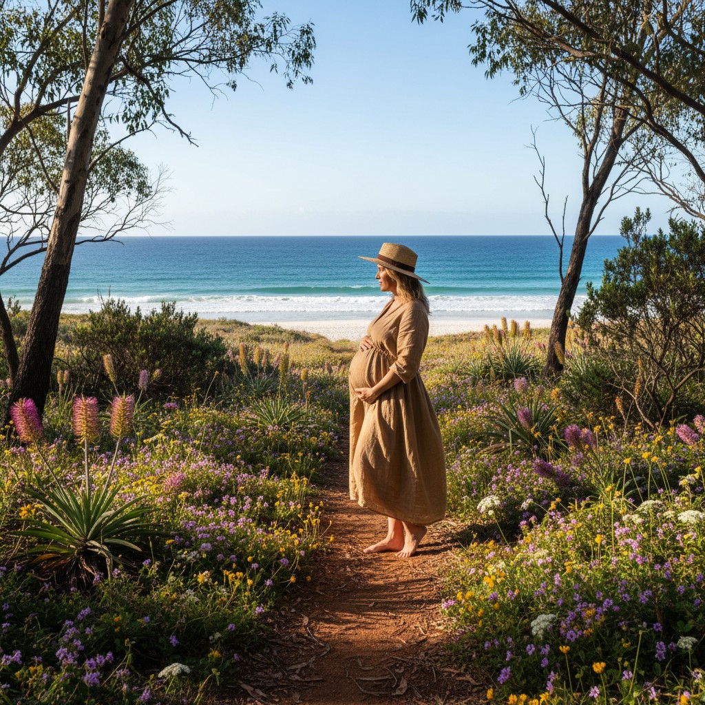 A candid, high-quality photograph of a pregnant woman gently walking barefoot through a sun-dappled Australian bushland path, a field of native wildflowers, or along a pristine sandy beach with a clear blue ocean. She is wearing comfortable, earthy-toned clothing, with soft light catching her profile and baby bump. The focus is on the authentic experience within the natural Australian environment, without any text.
