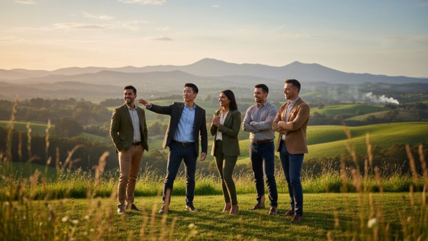 An inspiring wide-angle shot of a diverse business team in Clematis, Victoria, collaborating enthusiastically in a modern, light-filled office space, showcasing their unified vision and professionalism, encapsulating how to boost Clematis business image with professional corporate photography.