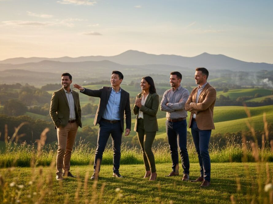 An inspiring wide-angle shot of a diverse business team in Clematis, Victoria, collaborating enthusiastically in a modern, light-filled office space, showcasing their unified vision and professionalism, encapsulating how to boost Clematis business image with professional corporate photography.
