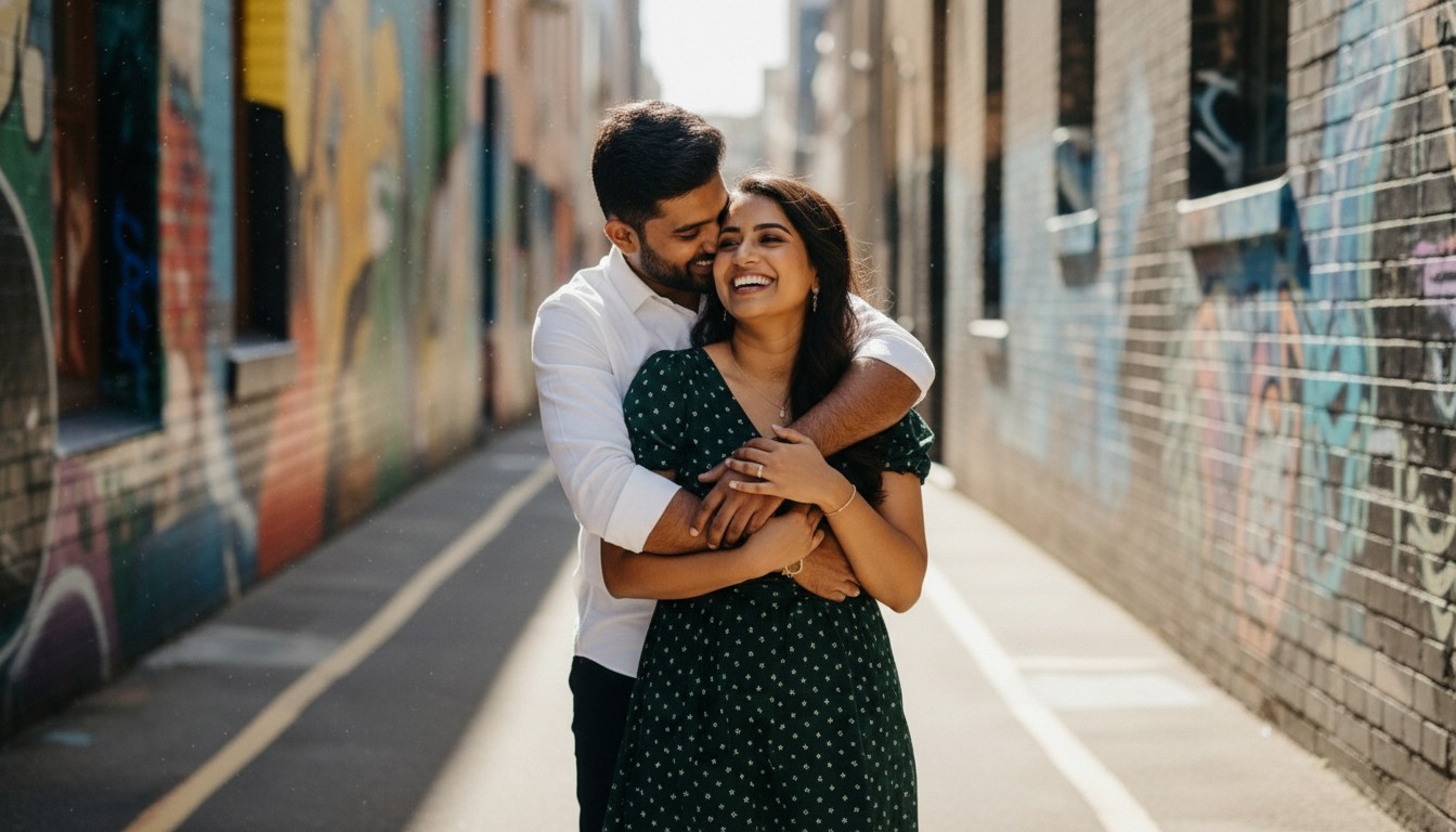 A realistic, high-quality photograph for a pre-wedding article, showcasing a confident couple sharing an intimate moment amidst the vibrant, graffiti-adorned laneways of Melbourne, such as Hosier Lane. The mood is joyful and authentic, capturing natural interactions. The lighting should be soft, diffused city light, highlighting the intricate street art in the background while keeping the couple in sharp, natural focus. Maintain a consistent aesthetic with a hypothetical sample image, reflecting an urban, modern, and artistic style. Avoid any text overlay on the image.