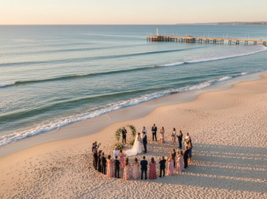 An epic sunset aerial view showcasing breathtaking Rye aerial photography for Mornington Peninsula events, with a drone capturing a vibrant wedding ceremony on the beach near the pier, golden hour light, tranquil ocean, and distant coastline.