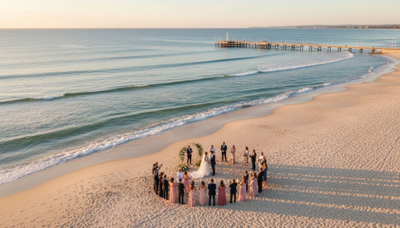An epic sunset aerial view showcasing breathtaking Rye aerial photography for Mornington Peninsula events, with a drone capturing a vibrant wedding ceremony on the beach near the pier, golden hour light, tranquil ocean, and distant coastline.