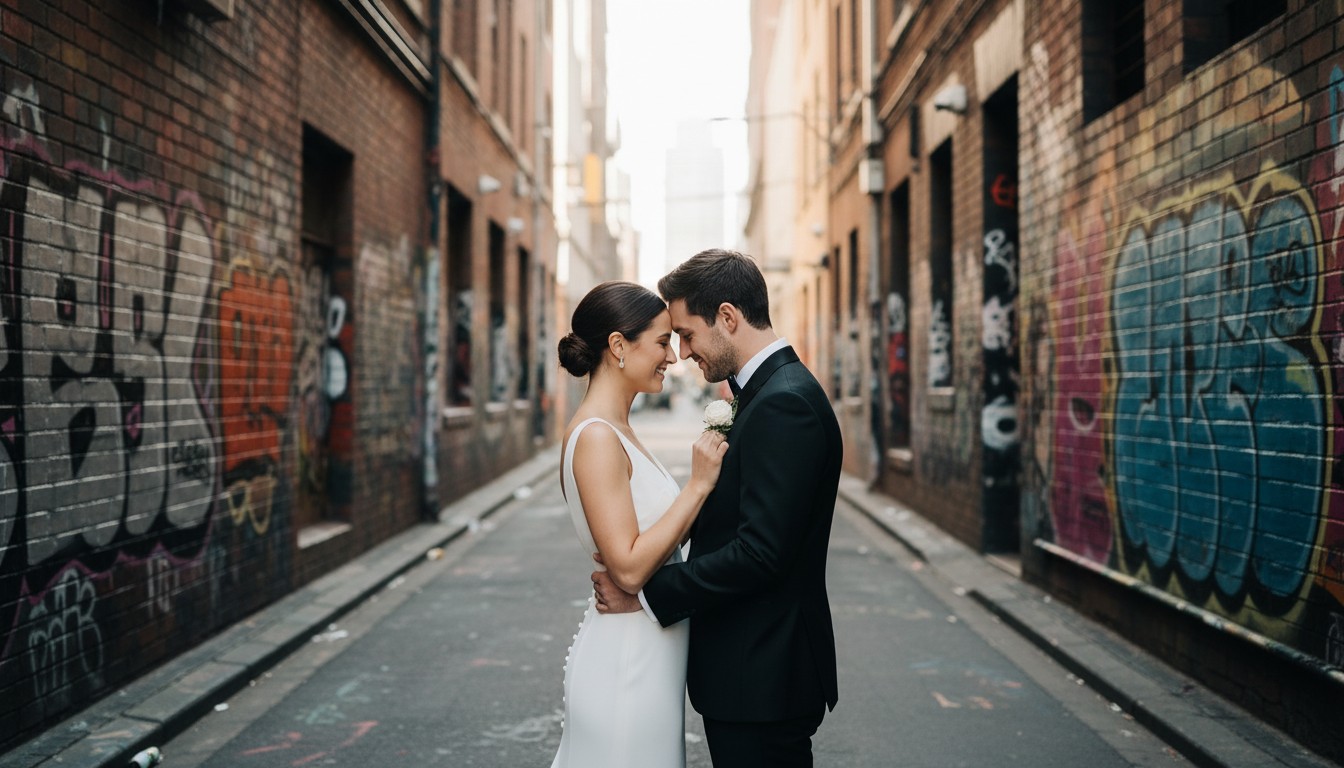 A candid, high-end wedding photograph capturing a bride and groom in a romantic embrace within a vibrant, graffiti-adorned Fitzroy laneway in Melbourne, just after their morning preparations. Soft, diffused light highlights their joyful expressions, emphasizing their deep connection. The image embodies a sophisticated, urban romance, without any text.