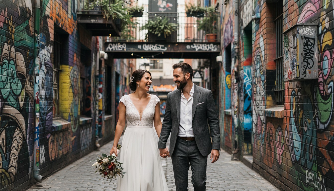 A candid, high-end wedding photo of a couple in love, laughing joyously as they stroll hand-in-hand through a vibrant, graffiti-adorned Fitzroy laneway in Melbourne. The light is soft and even, highlighting their genuine connection and the urban charm of the surroundings. No text.
