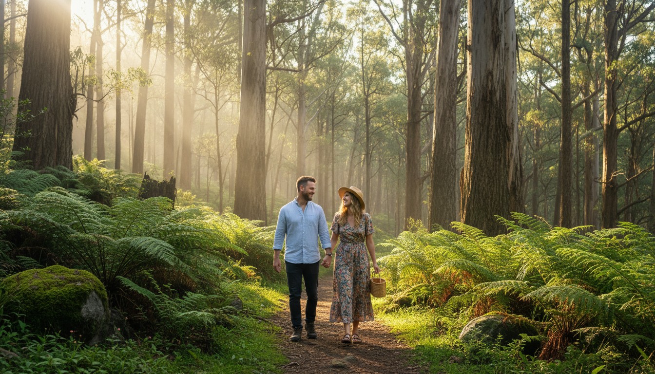 A high-quality, realistic photograph of a joyful couple walking hand-in-hand through a sun-dappled, ancient forest in the Dandenong Ranges, Victoria. Lush fern-filled undergrowth and towering eucalyptus trees frame them, capturing a sense of peace and natural beauty. No text.