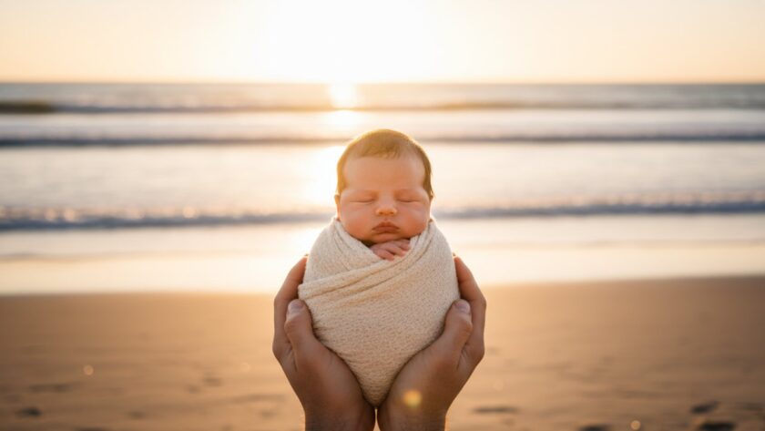 A breathtaking candid baby photos Balnarring Beach Victoria moment, with a joyous baby wrapped in a soft blanket, gently held by parents against the backdrop of a golden sunset over the tranquil Balnarring Beach, waves softly lapping the shore, captured with dramatic, warm backlighting.