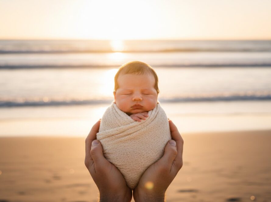 A breathtaking candid baby photos Balnarring Beach Victoria moment, with a joyous baby wrapped in a soft blanket, gently held by parents against the backdrop of a golden sunset over the tranquil Balnarring Beach, waves softly lapping the shore, captured with dramatic, warm backlighting.