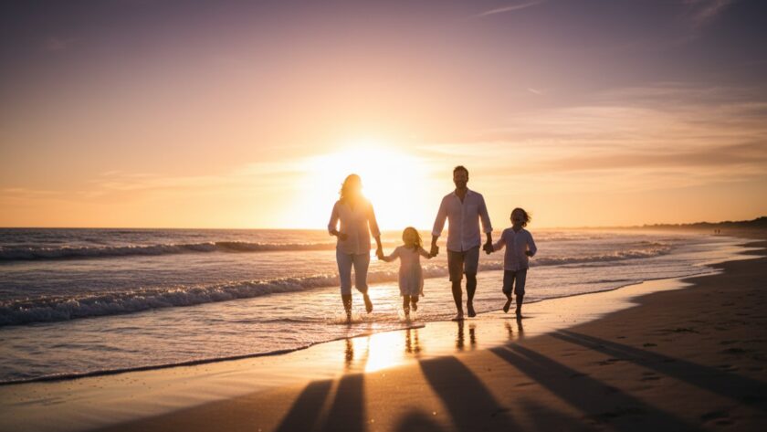 An epic moment from a candid Balnarring Beach family photography experience, showing a family laughing joyfully as the golden hour sun sets over the stunning Victorian coastline, with children playing in the shallows.
