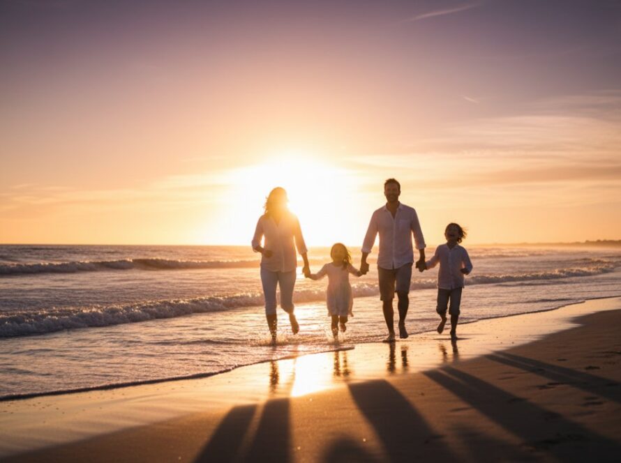 An epic moment from a candid Balnarring Beach family photography experience, showing a family laughing joyfully as the golden hour sun sets over the stunning Victorian coastline, with children playing in the shallows.