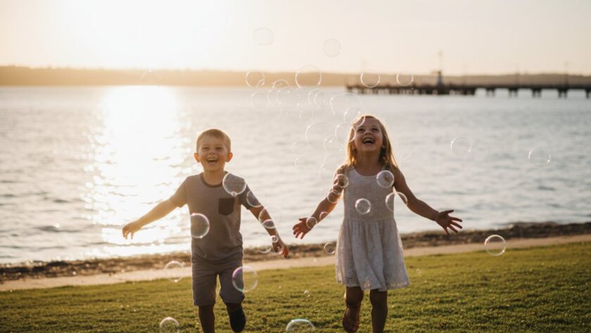 An 'epic moment' photograph capturing candid children photos Hastings VIC: two siblings laughing joyfully as they chase bubbles at Hastings Foreshore, golden hour light illuminating their playful expressions.
