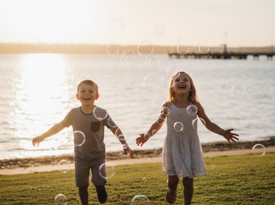 An 'epic moment' photograph capturing candid children photos Hastings VIC: two siblings laughing joyfully as they chase bubbles at Hastings Foreshore, golden hour light illuminating their playful expressions.