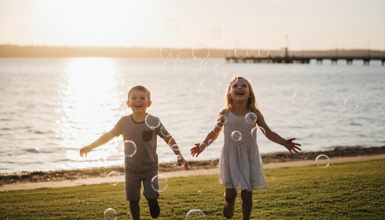 An 'epic moment' photograph capturing candid children photos Hastings VIC: two siblings laughing joyfully as they chase bubbles at Hastings Foreshore, golden hour light illuminating their playful expressions.