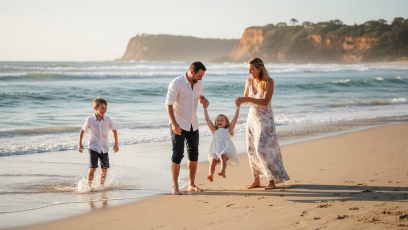 A breathtaking candid family moment captured on the beach at Mount Eliza, Victoria, with children laughing as parents embrace, the sunset casting a warm glow, showcasing authentic joy and connection in the 'Candid Family Moments Photography Mount Eliza' style.
