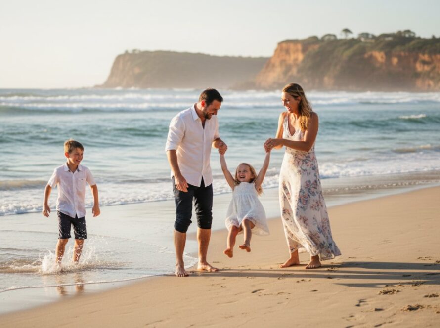 A breathtaking candid family moment captured on the beach at Mount Eliza, Victoria, with children laughing as parents embrace, the sunset casting a warm glow, showcasing authentic joy and connection in the 'Candid Family Moments Photography Mount Eliza' style.