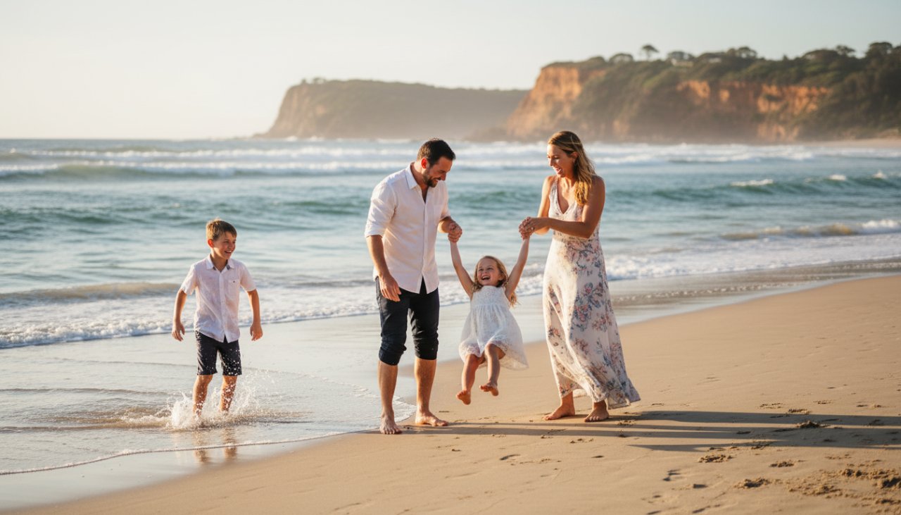 A breathtaking candid family moment captured on the beach at Mount Eliza, Victoria, with children laughing as parents embrace, the sunset casting a warm glow, showcasing authentic joy and connection in the 'Candid Family Moments Photography Mount Eliza' style.